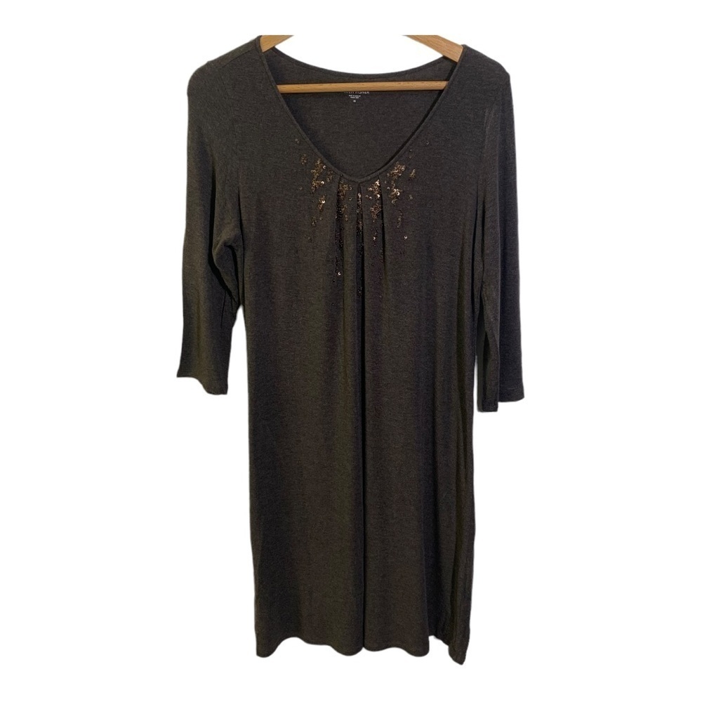 Eileen Fisher Womens Tee Shirt Knit Beaded Dress Size M Lightweight Brown tee